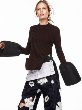 CÉLINE WOOL RIBBED KNIT TOP WITH BELL SLEEVES SIZE M PHOEBE PHILO